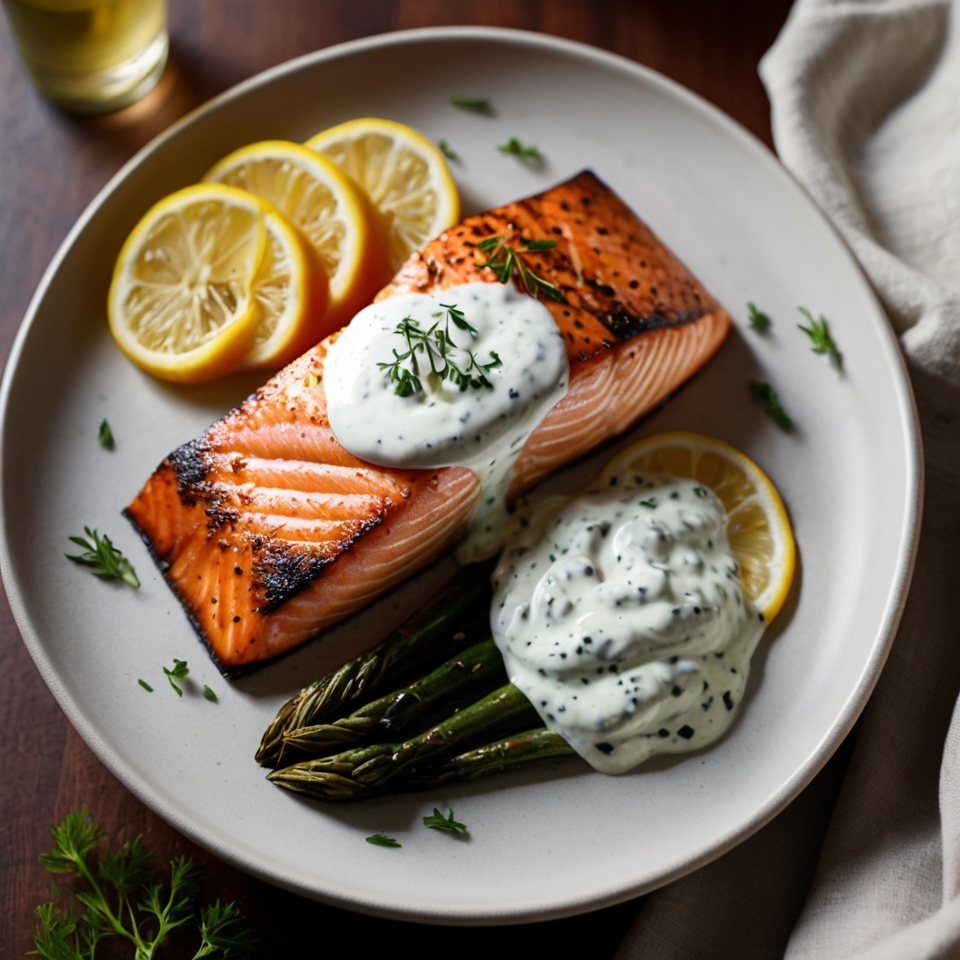 6. Oven-Roasted Salmon with Herbaceous Yogurt Sauce (~300 Calories)